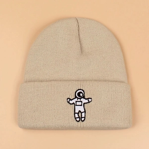 Winter casual knit beanie in beige with a stylish astronaut embroidery pattern