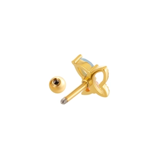 Golden butterfly cartilage stud with pink and blue wings and secure screw flat back
