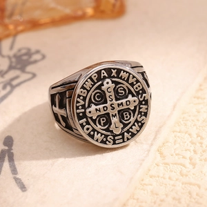 Saint Benedict Medal Ring For Men Stainless Steel Religious Cross Vintage Retro Signet Jewelry Hip Hop Style