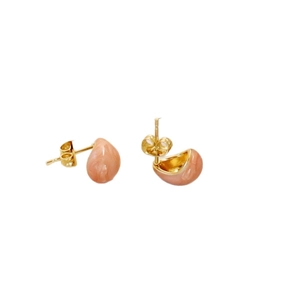 Golden teardrop stud earrings with pink enamel finish and secure butterfly backings