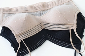 Detail view of seamless U-back bras with mesh polka dot texture in beige and black