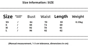 Size chart showing bust, waist, and length measurements for women's two-piece set in cm