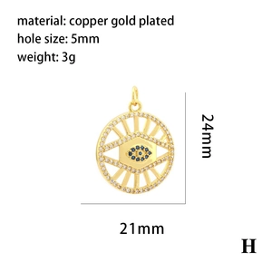Detailed size specifications for gold plated copper evil eye pendant with blue crystals