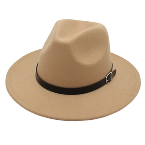 Classic beige wide brim fedora hat with black leather belt buckle on white background