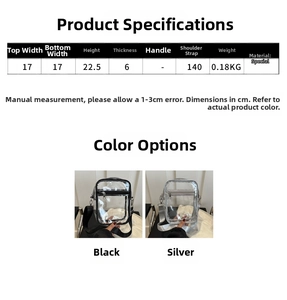 Detailed size chart for the transparent crossbody bag with dimensions and strap length