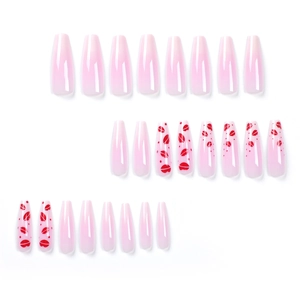 French gradient press-on nails in nude white with red lip pattern long coffin shape
