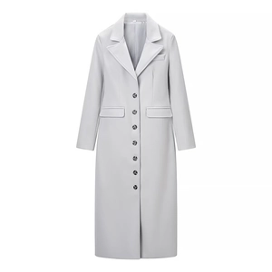 Detail shot of the light gray long coat featuring a notched lapel and buttoned front