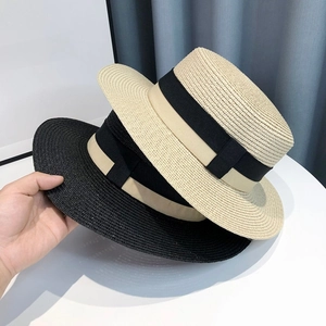 French Hepburn Style Boater Straw Hat For Women Retro Contrast Ribbon Flat Top Sun Hat Wide Brim Beach Vacation Summer Cap