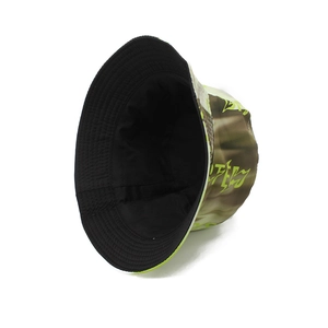 Double-sided bucket hat with camouflage pattern and neon green graffiti art