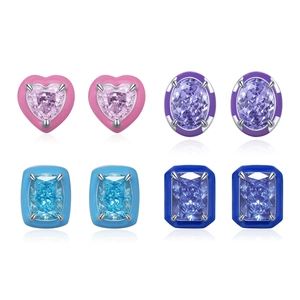 S925 silver heart and geometric stud earrings set in colorful candy zircon styles