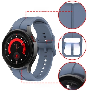 Detailed view of smog blue silicone strap with grooved design for Samsung Galaxy Watch