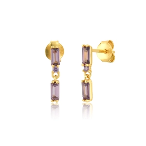 Macro shot of S925 silver studs with double purple square-cut zircons and gold plating