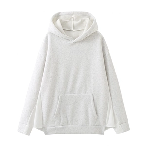 Women Hoodie Patchwork Long Sleeve Hooded Sweatshirt Kangaroo Pocket Casual Streetwear Heather Grey White Polyester Blend Top