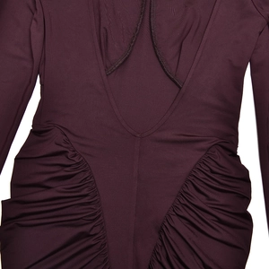 Detailed view of the deep purple V-neck dress featuring elegant pleated fabric details