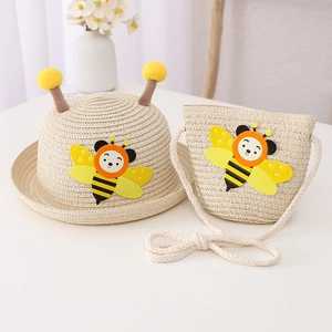 Kids straw hat and bee bag set with cute cartoon pattern for summer sun protection