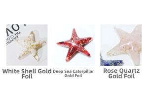 Detail of resin starfish with crushed crystals, shells and gold foil flakes