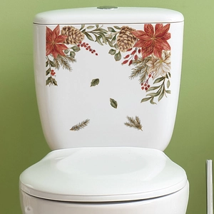 Autocollants de Noël pour toilettes avec poinsettias rouges et pommes de pin déco
