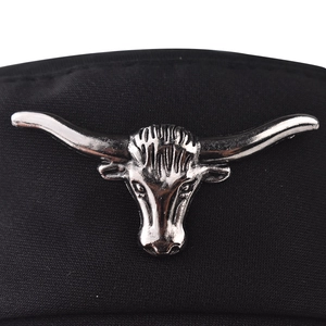 Classic black military cap with a vintage silver bull head badge in brushed metal