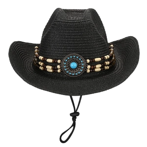 Black straw cowboy hat with turquoise western ornament and beaded trim for sun protection