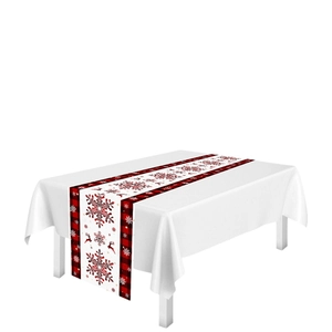 Christmas table runner with red black buffalo plaid and reindeer snowflake patterns