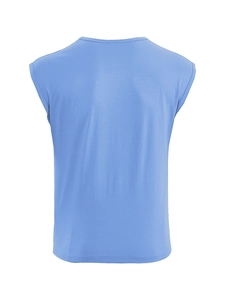 Detail showing the light blue sleeveless vest back view with fine knit fabric texture