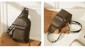 Detail of crossbody chest bag featuring brown geometric pattern and printed nylon strap