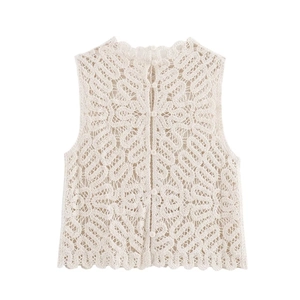 Détail du gilet beige en tricot ajouré avec boutonnage et ourlet festonné