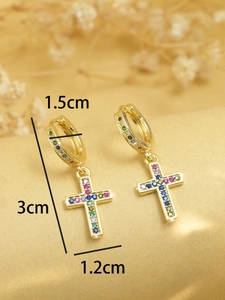 Detailed view of golden hoop earrings with colorful zircon cross charms and dimensions