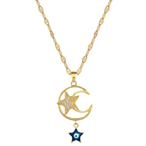 Luxury gold titanium steel necklace with crescent moon, star, and blue evil eye pendant