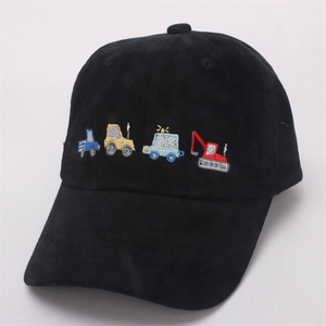 Close-up of colorful cartoon truck embroidery on black corduroy baseball cap texture