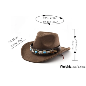 Detail showing western cowboy hat dimensions with turquoise band and suede texture
