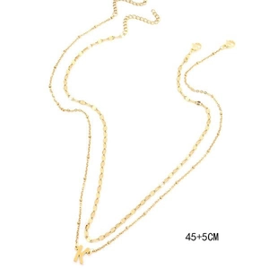 Detail of layered gold initial K pendant necklace with 45+5cm adjustable chain length
