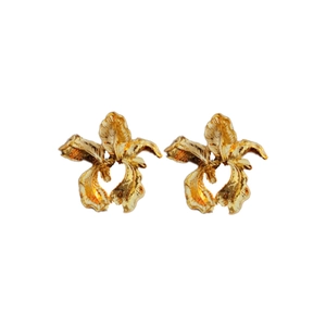 Elegant gold flower earrings with a textured orchid design and metallic finish on white background