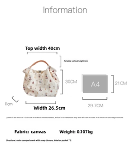 Detailed size chart of the canvas tote bag showing dimensions compared with A4 paper size