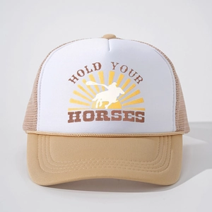 Detail of Hold Your Horses trucker hat featuring mesh back and western print
