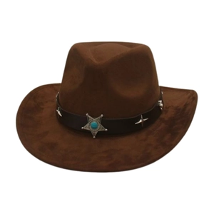 Chapeau de cowboy western marron en suédine avec large bord et emblème d'étoile argentée