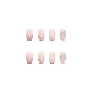 Luxurious pink gradient press-on nails with 3D butterfly and pearl accents