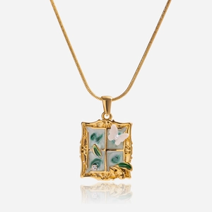 Vintage Stainless Steel Necklace For Women Gold Plated Enamel Window Frame Butterfly Pendant Floral Jewelry Elegant Gift