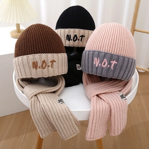 Winter knit hat and scarf sets for boys in three color options with N.O.T embroidery