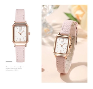 Elegant rectangular rose gold watch for women featuring pink leather strap and white dial