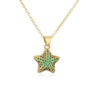 Detail of 18K gold-plated star pendant necklace with green zircons and o-chain