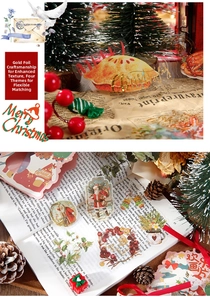 Détail des autocollants de Noël vintage avec dorure à l'or et motifs festifs de fêtes