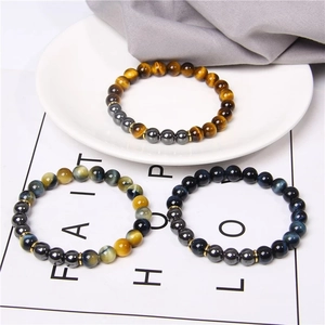 Handmade 8mm tiger eye stone beaded bracelets in brown, blue and multicolor set