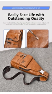 Detailed view of the water-resistant and scratch-proof brown leather chest bag for men