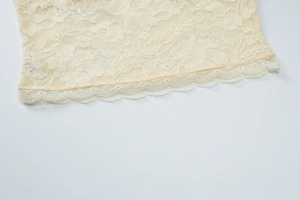 Close-up of beige lace fabric showing intricate floral patterns and fine stitching details
