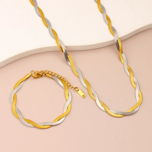 French vintage 18K gold and silver double-layered snake bone woven necklace and bracelet set
