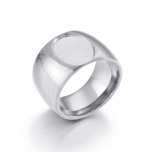 Polished stainless steel men's wide band ring with a smooth oval flat top design
