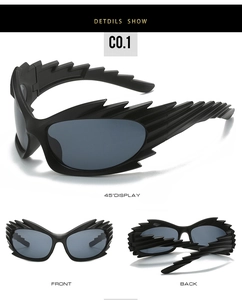 Black sporty futuristic sunglasses with textured wings and dark lenses in multiple views