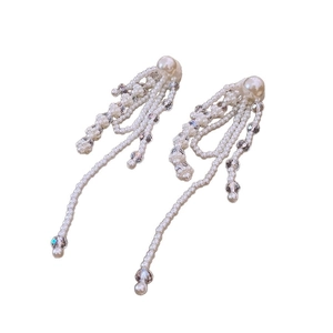 Elegant white faux pearl and crystal bead long tassel earrings with a stud top