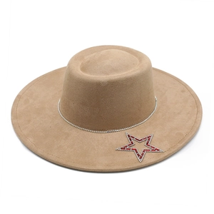 Wide brim khaki suede fedora hat with silver rhinestone chain and star detail